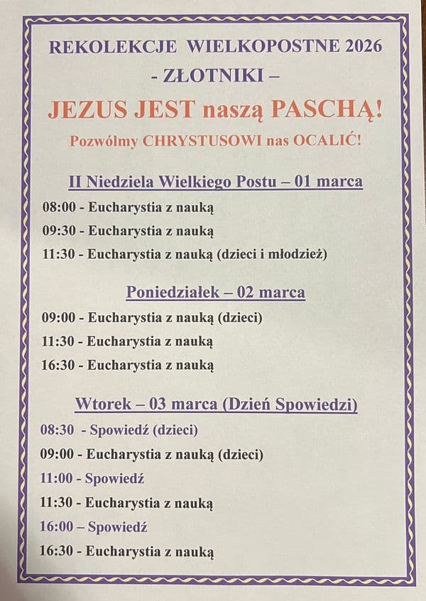 REKOLEKCJE WIELKOPOSTNE 2026 - ZŁOTNIKI